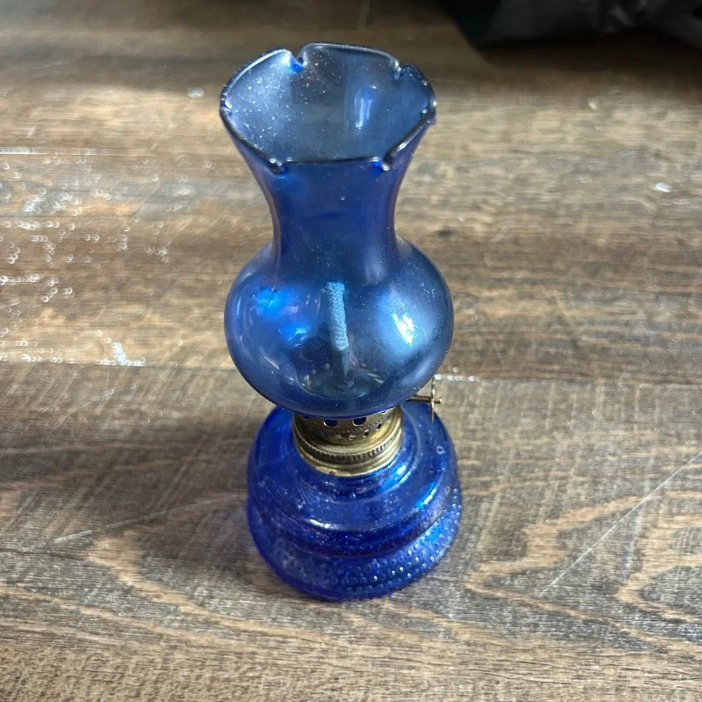 Vintage Cobalt Blue Glass Miniature Oil Lamp Hobnail Base Ruffled Chimney 6 inch